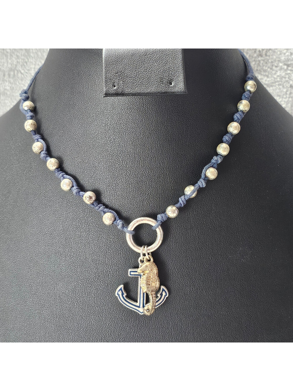 Avon SAQ Navy Macrame Cord Necklace Silver Bead Blue Enamel Anchor Seahorse